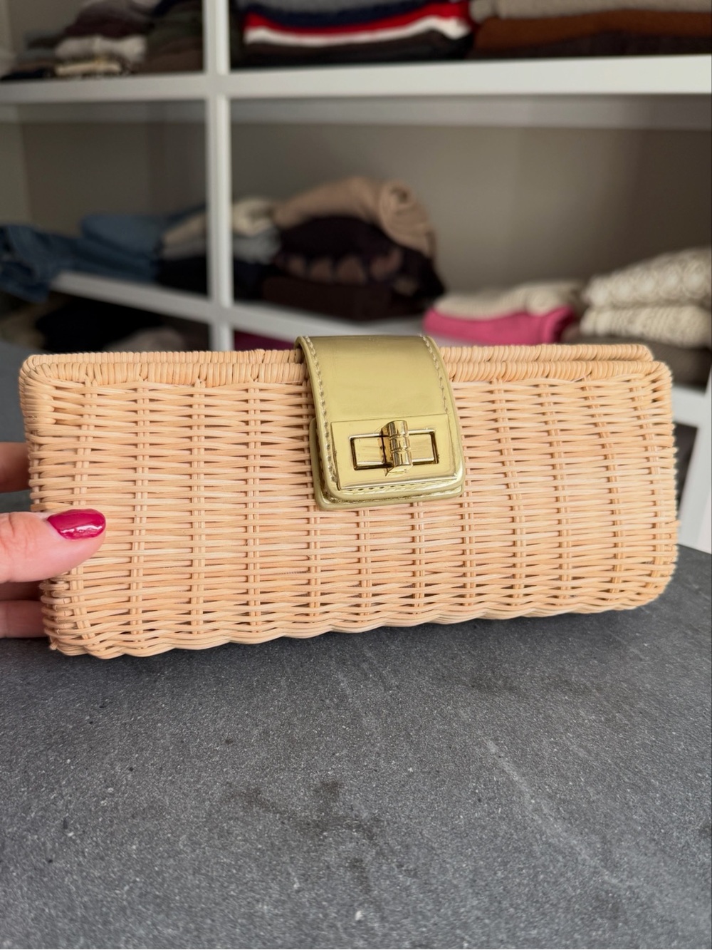 J. Crew Woven Straw Clutch with Pale Green Leather Tab and Gold Hardware